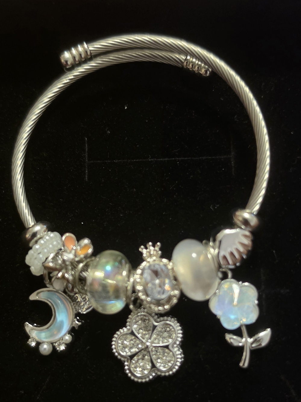 Silver-Tone Charm Bracelet with Moon, Flower & Clover Charms - White Iridescent